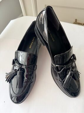 MARC FISHER Phylicia Patent Black Slip On Loafers Tassel Fringed Women’s SZ 9.5